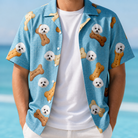 Man wearing Men's Mutt Munchies Custom Dog Face Hawaiian Shirt open over a white tee