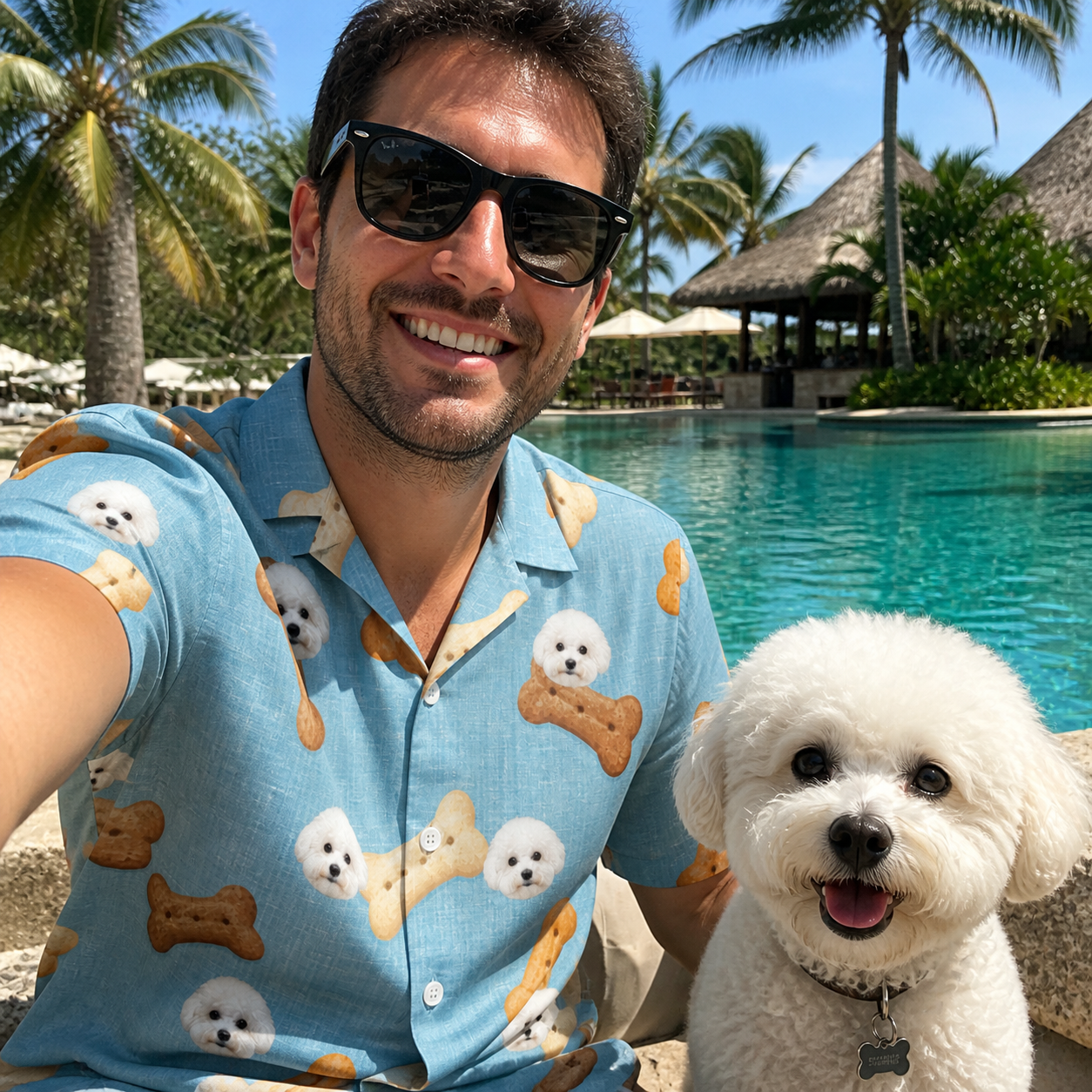 Selfie with the pet whose face is printed all over this Men's Mutt Munchies Custom Dog Face Hawaiian Shirt