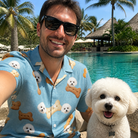 Selfie with the pet whose face is printed all over this Men's Mutt Munchies Custom Dog Face Hawaiian Shirt