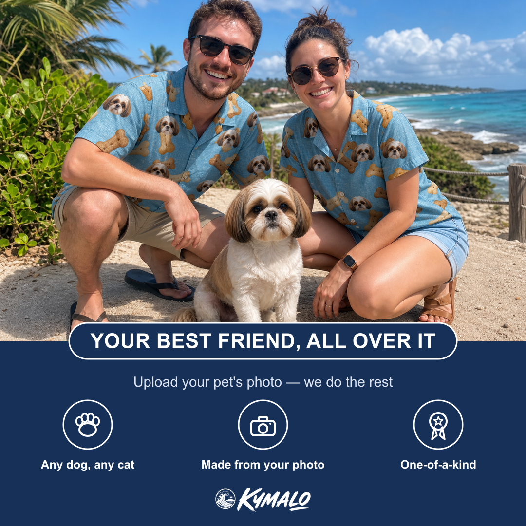 Friends in matching Men's Mutt Munchies Custom Dog Face Hawaiian Shirt — a group gift photo