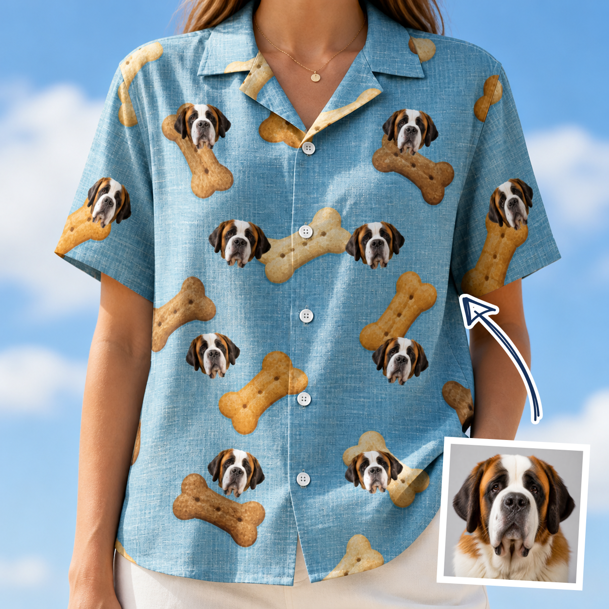 Woman wearing Women's Mutt Munchies Custom Dog Face Hawaiian Shirt — custom faces printed all-over