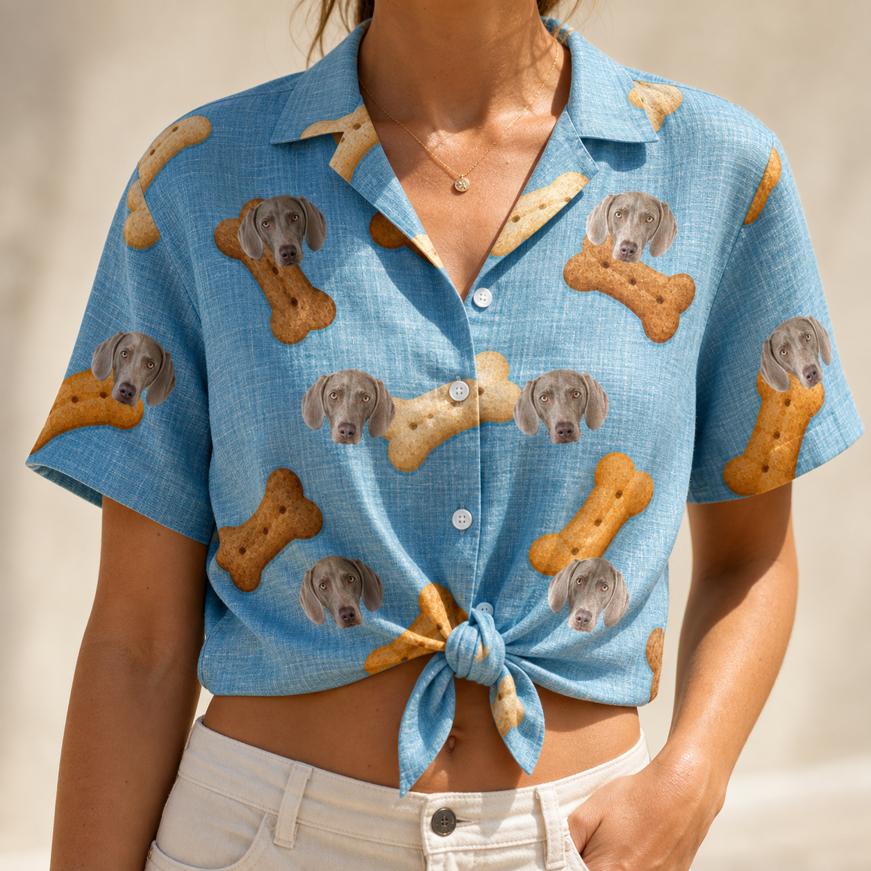 Woman wearing Women's Mutt Munchies Custom Dog Face Hawaiian Shirt tied at the waist