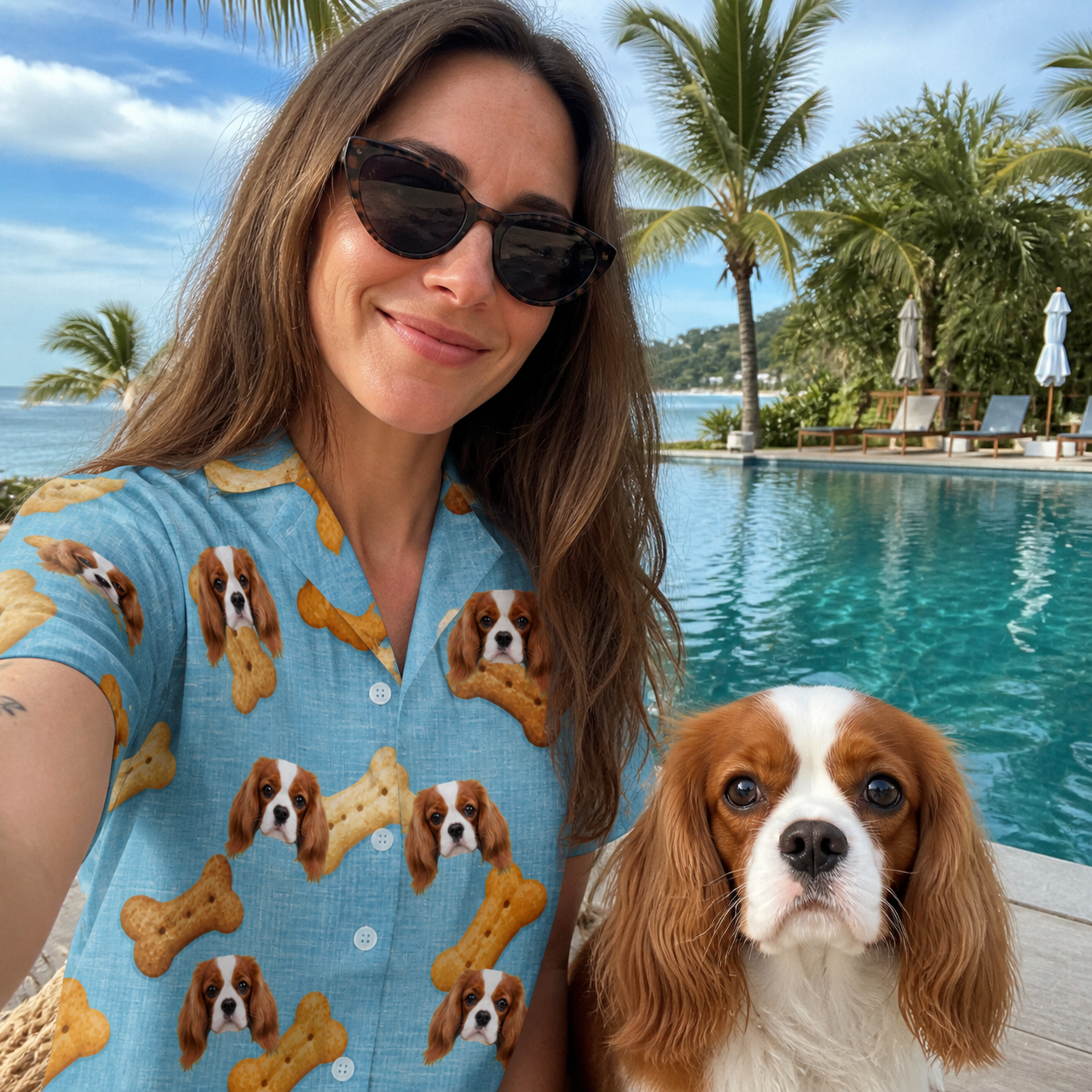 Selfie with the pet whose face is printed all over this Women's Mutt Munchies Custom Dog Face Hawaiian Shirt
