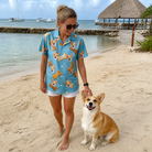 Full-length photo with the pet printed all over this Women's Mutt Munchies Custom Dog Face Hawaiian Shirt