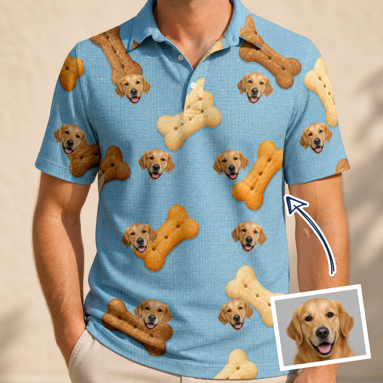 Man wearing Men's Mutt Munchies Custom Dog Face Polo Shirt — custom faces printed all-over