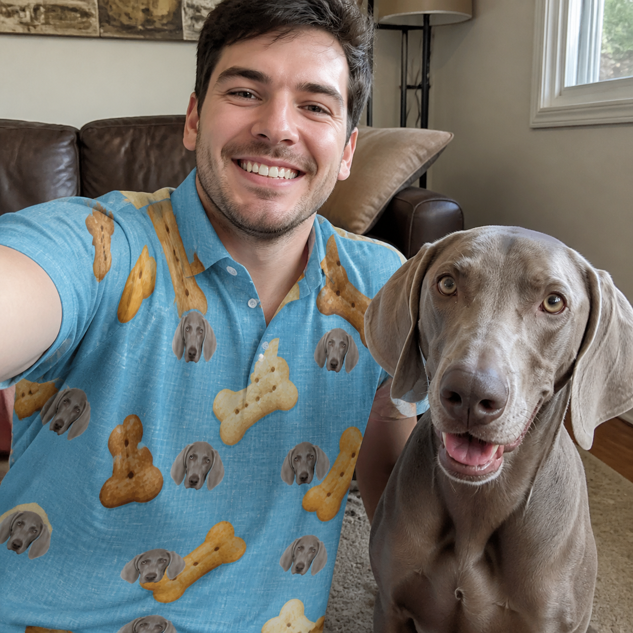 Selfie with the pet whose face is printed all over this Men's Mutt Munchies Custom Dog Face Polo Shirt