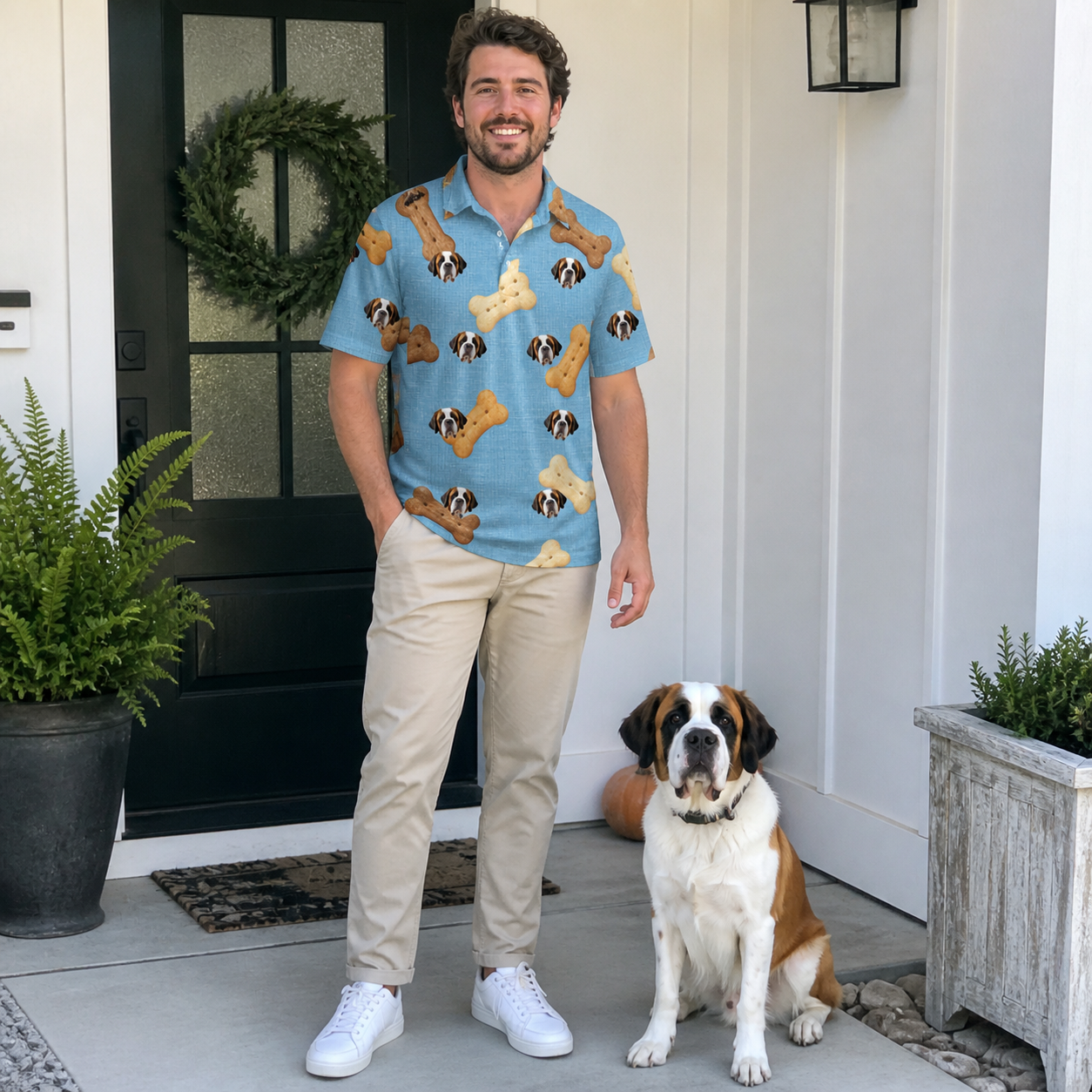 Full-length photo with the pet printed all over this Men's Mutt Munchies Custom Dog Face Polo Shirt