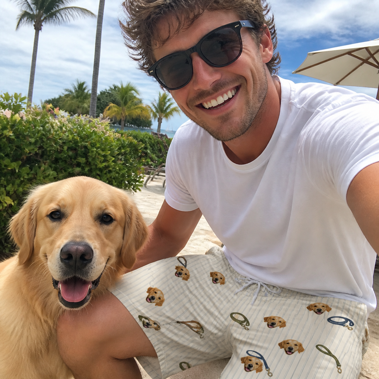 Selfie with the pet whose face is printed all over this Men's Ruff Routes Custom Dog Face Beach Shorts