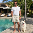 Full-length photo with the pet printed all over this Men's Ruff Routes Custom Dog Face Beach Shorts