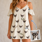 Woman wearing Women's Ruff Routes Custom Dog Face Off-Shoulder Dress — custom faces printed all-over