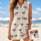 Woman wearing Women's Ruff Routes Custom Dog Face V-Neck Dress — custom faces printed all-over