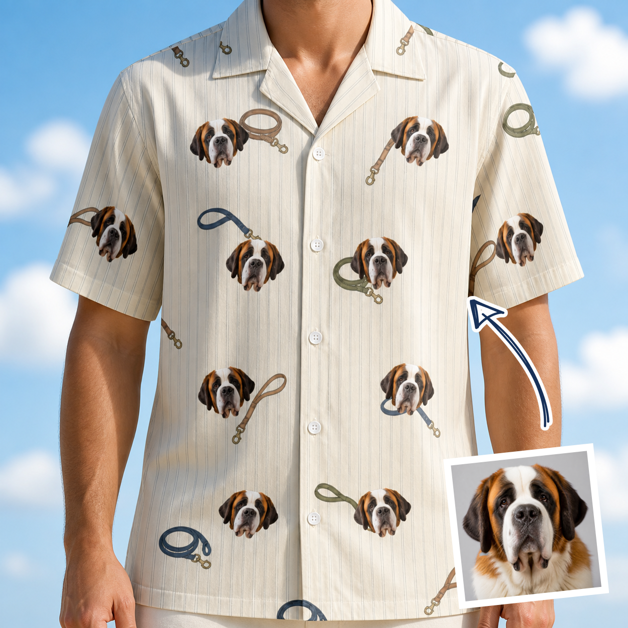 Man wearing Men's Ruff Routes Custom Dog Face Hawaiian Shirt — custom faces printed all-over