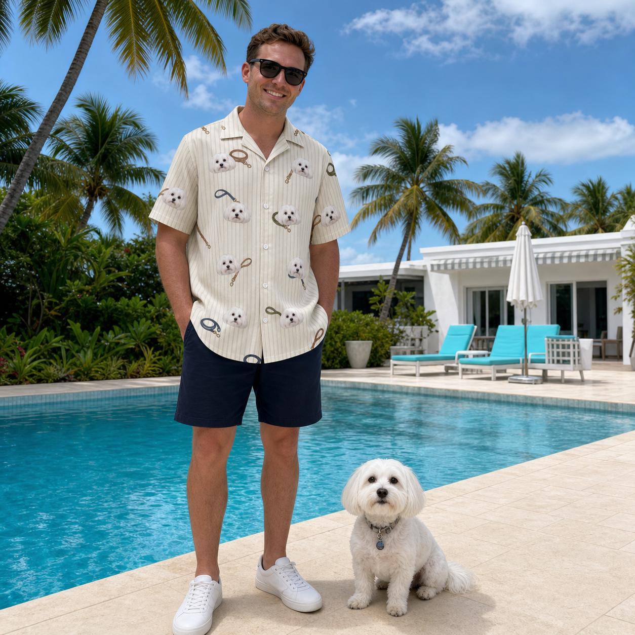 Full-length photo with the pet printed all over this Men's Ruff Routes Custom Dog Face Hawaiian Shirt