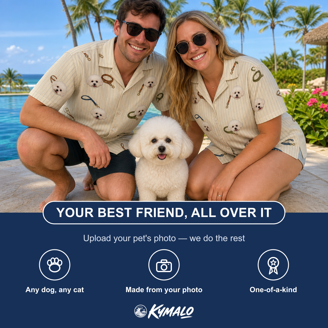 Friends in matching Men's Ruff Routes Custom Dog Face Hawaiian Shirt — a group gift photo