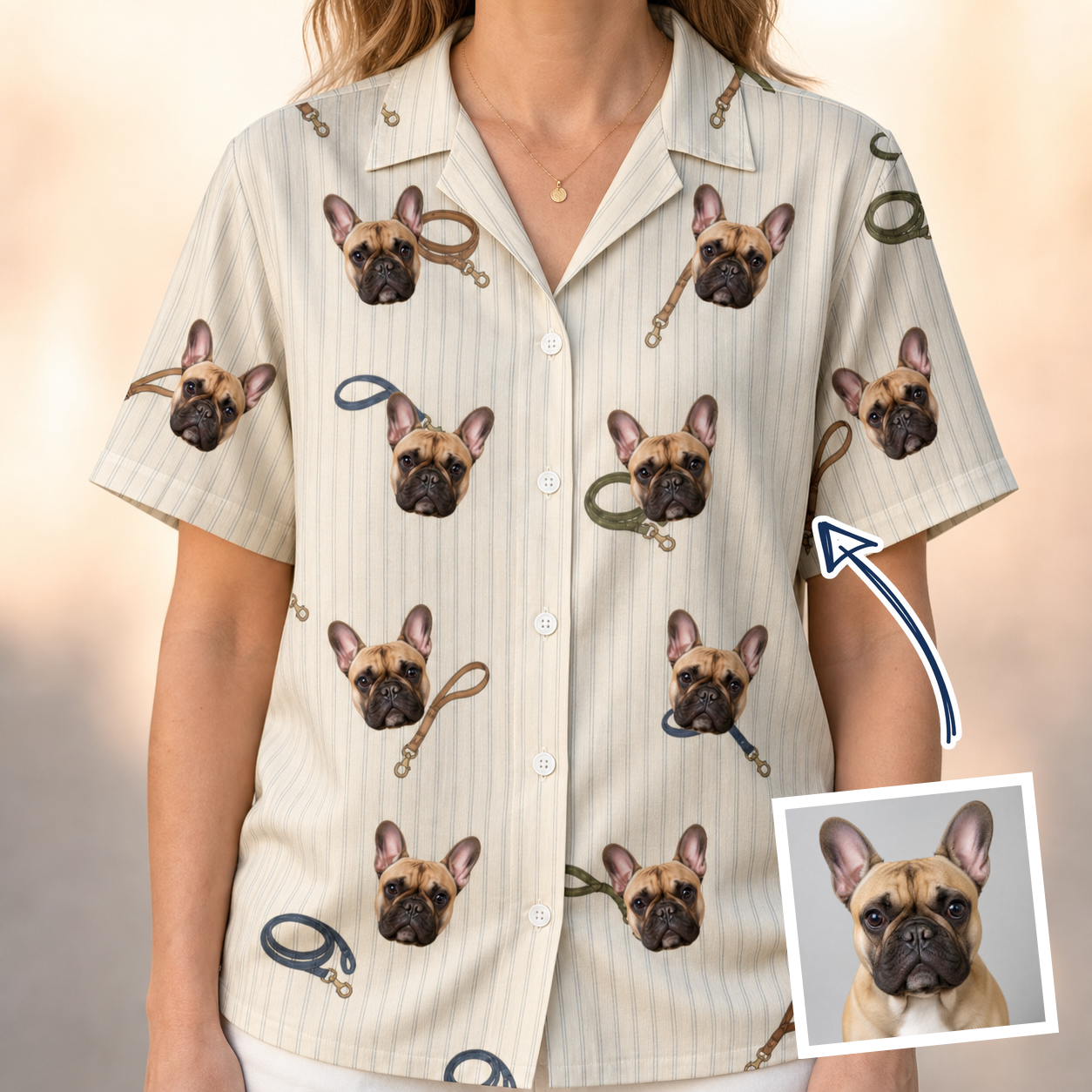 Woman wearing Women's Ruff Routes Custom Dog Face Hawaiian Shirt — custom faces printed all-over