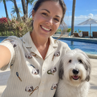Selfie with the pet whose face is printed all over this Women's Ruff Routes Custom Dog Face Hawaiian Shirt