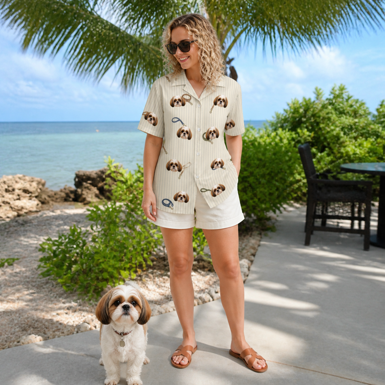 Full-length photo with the pet printed all over this Women's Ruff Routes Custom Dog Face Hawaiian Shirt