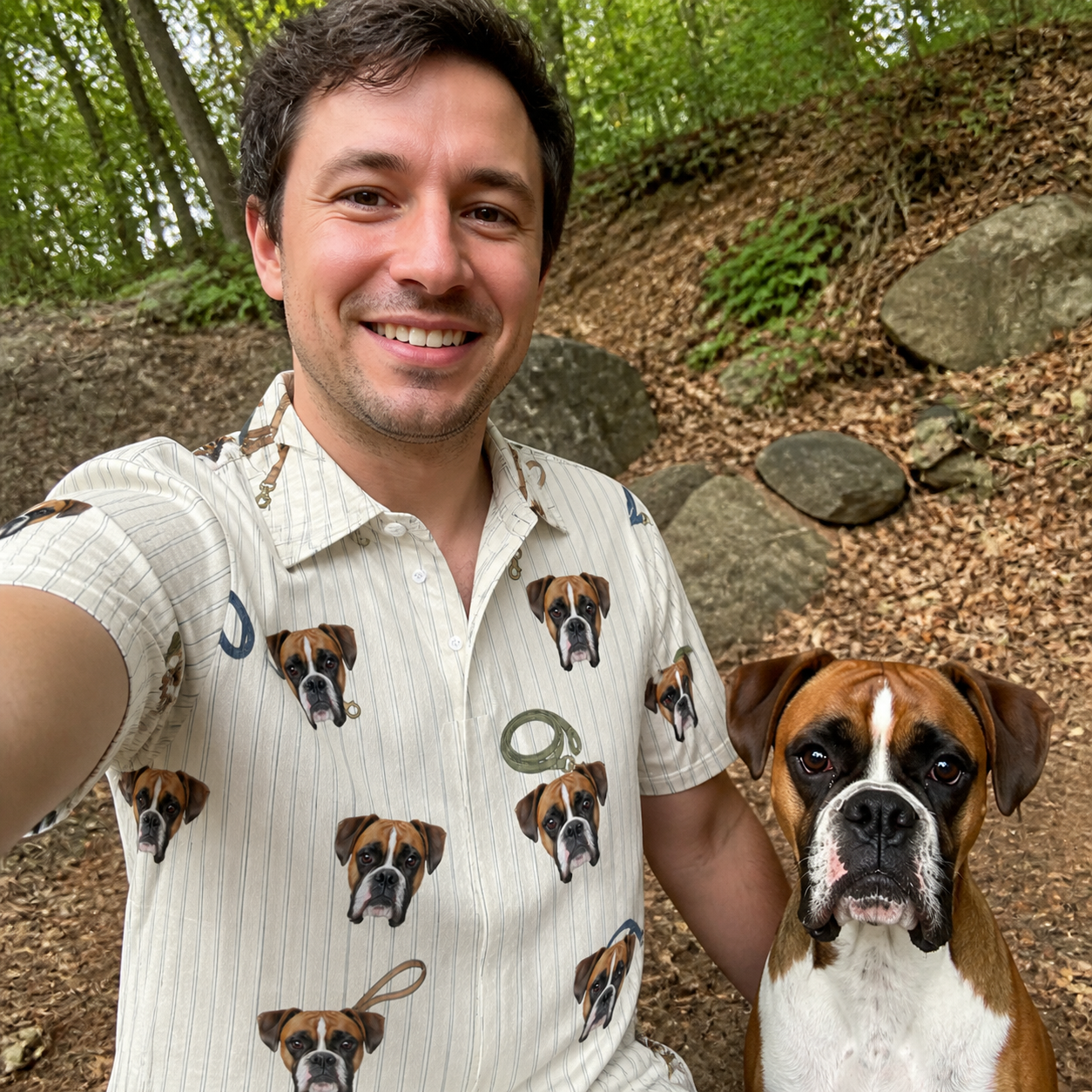 Selfie with the pet whose face is printed all over this Men's Ruff Routes Custom Dog Face Polo Shirt