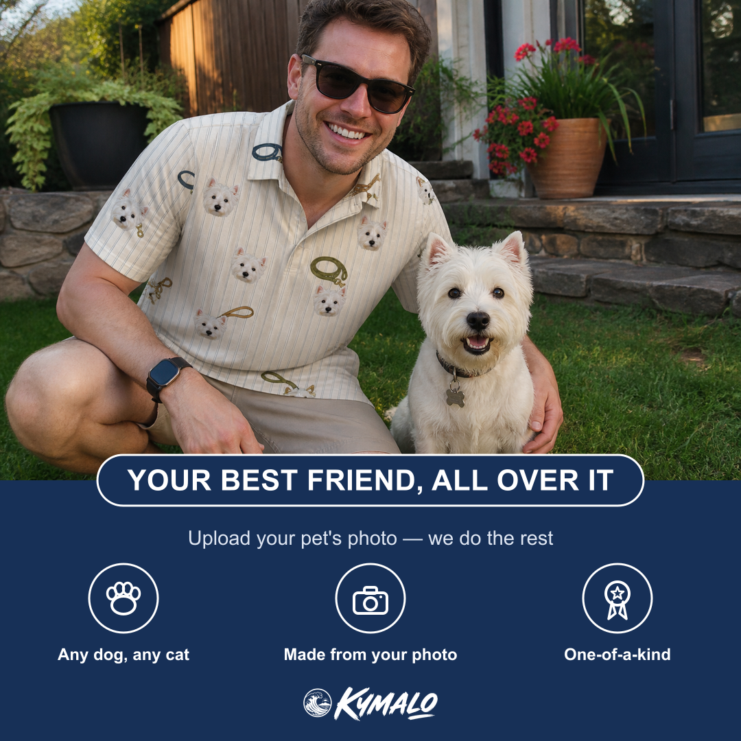 Friends in matching Men's Ruff Routes Custom Dog Face Polo Shirt — a group gift photo