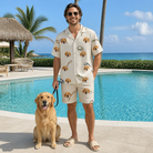 Full-length photo with the pet printed all over this Men's Ruff Routes Custom Dog Face Shirt & Shorts Set