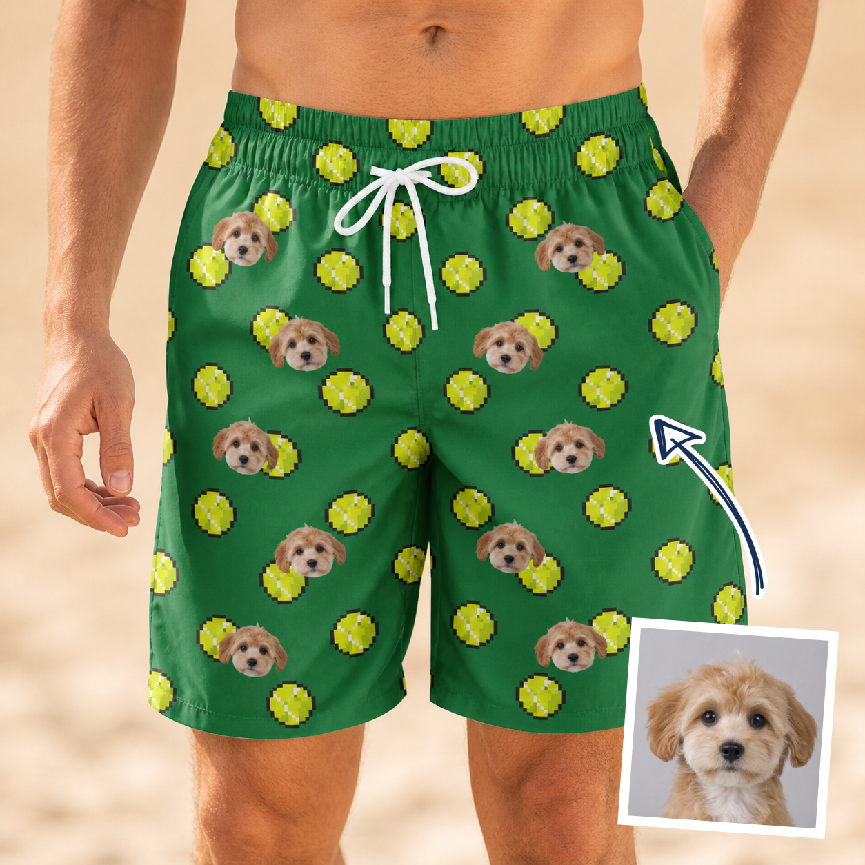 Man wearing Men's Tennis Tails Custom Dog Face Beach Shorts — custom faces printed all-over