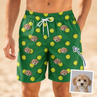 Man wearing Men's Tennis Tails Custom Dog Face Beach Shorts — custom faces printed all-over