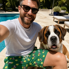 Selfie with the pet whose face is printed all over this Men's Tennis Tails Custom Dog Face Beach Shorts