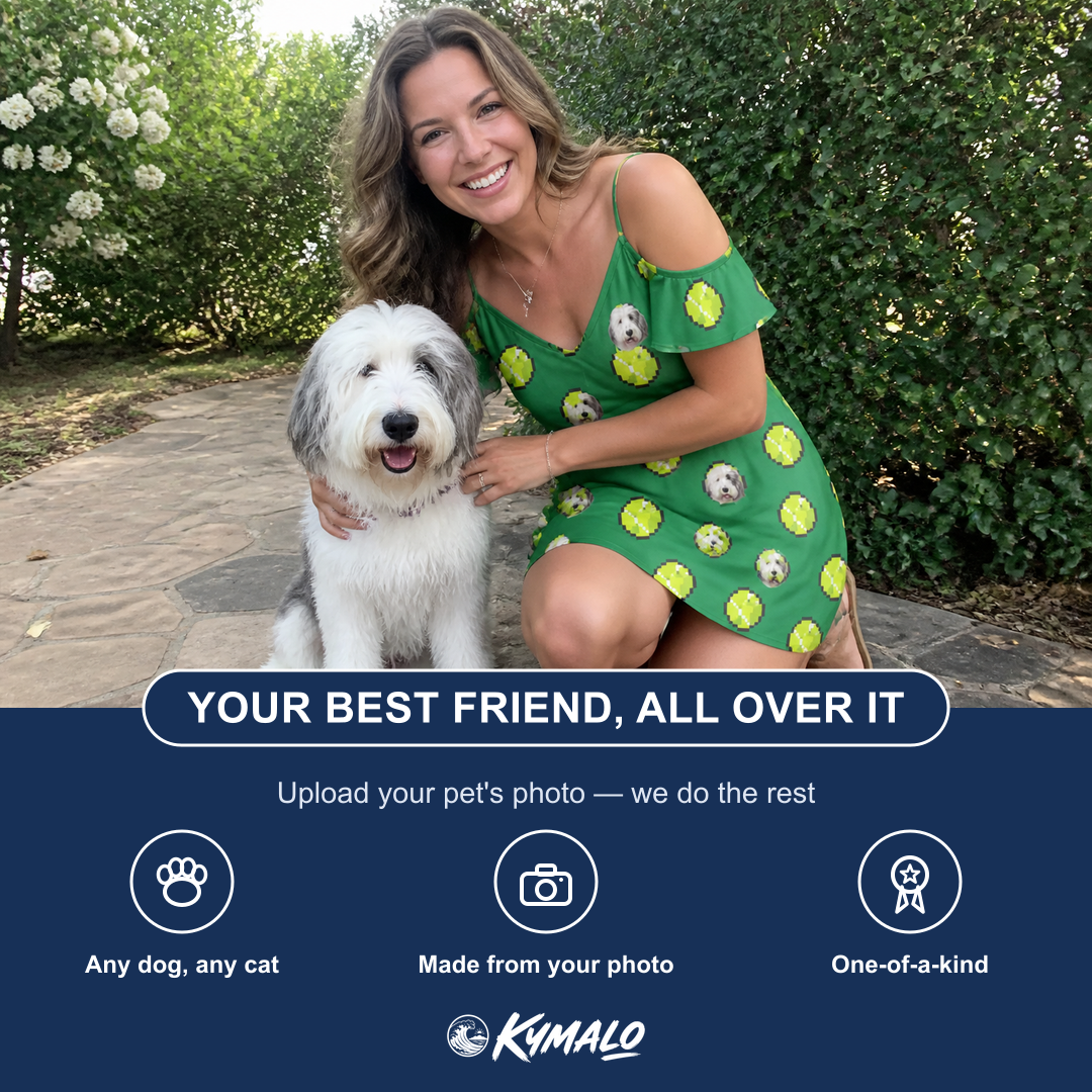 Friends in matching Women's Tennis Tails Custom Dog Face Off-Shoulder Dress — a group gift photo
