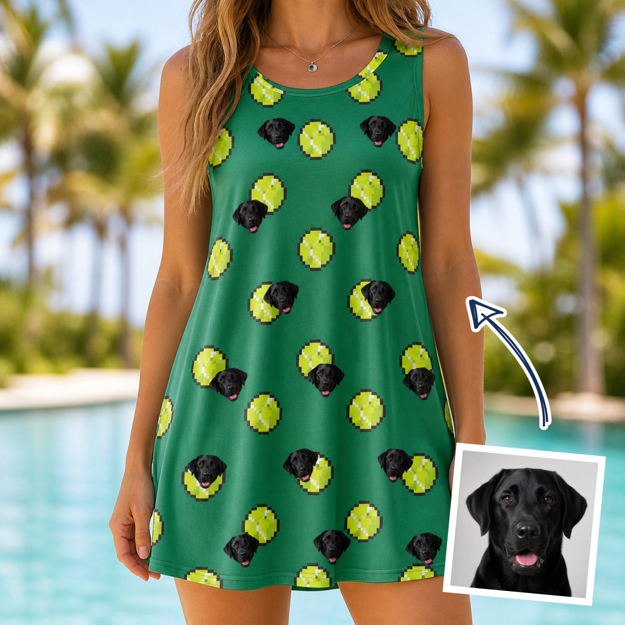 Woman wearing Women's Tennis Tails Custom Dog Face Tank Dress — custom faces printed all-over