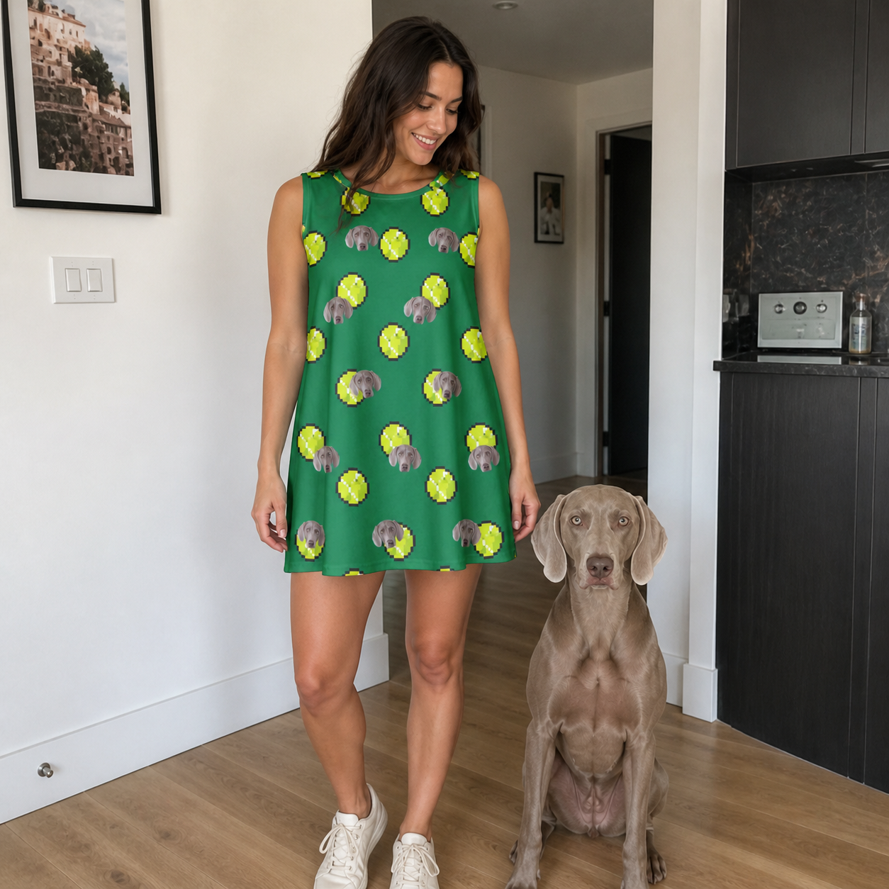 Full-length photo with the pet printed all over this Women's Tennis Tails Custom Dog Face Tank Dress