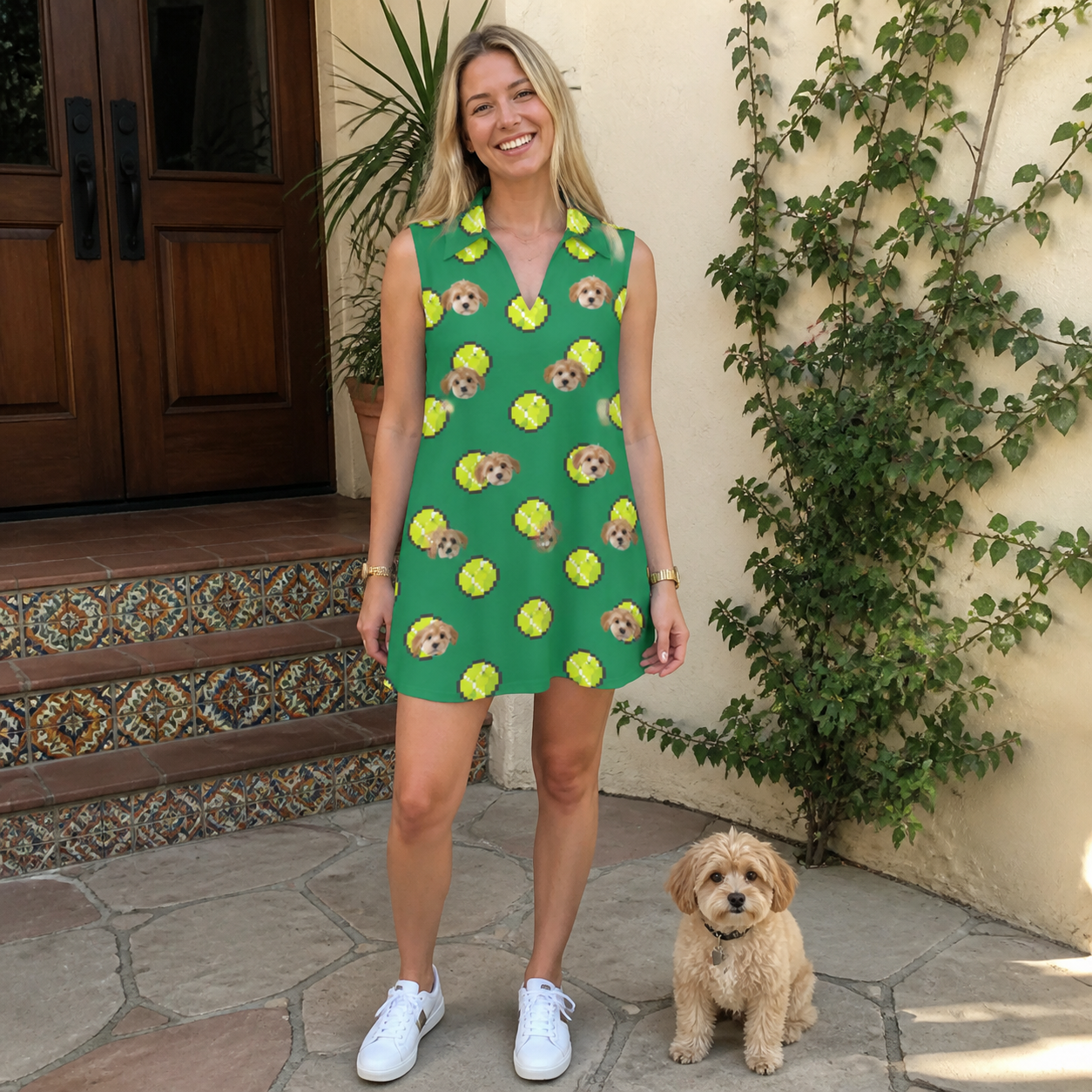 Full-length photo with the pet printed all over this Women's Tennis Tails Custom Dog Face V-Neck Dress
