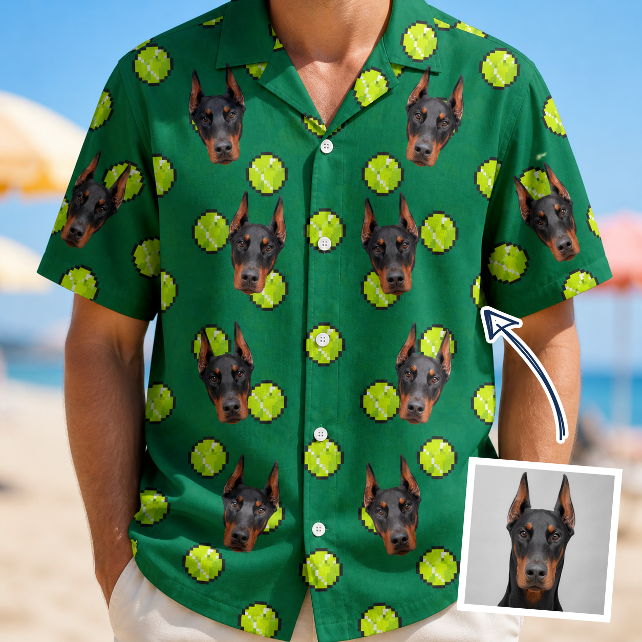 Man wearing Men's Tennis Tails Custom Dog Face Hawaiian Shirt — custom faces printed all-over