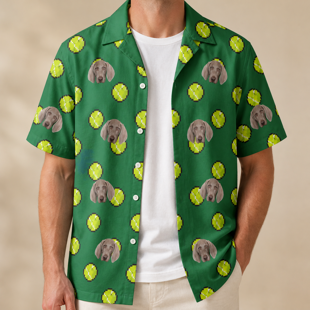Man wearing Men's Tennis Tails Custom Dog Face Hawaiian Shirt open over a white tee