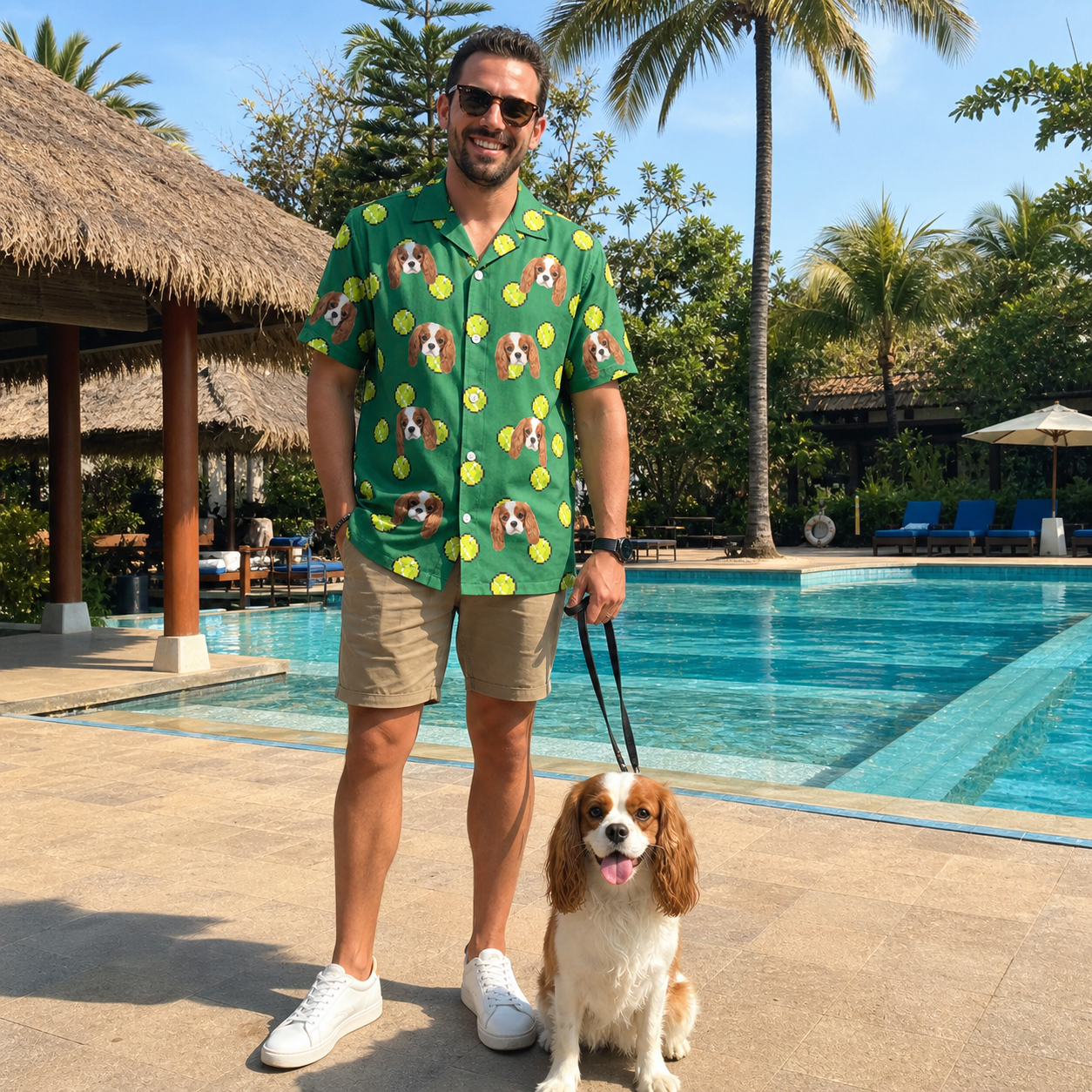 Full-length photo with the pet printed all over this Men's Tennis Tails Custom Dog Face Hawaiian Shirt