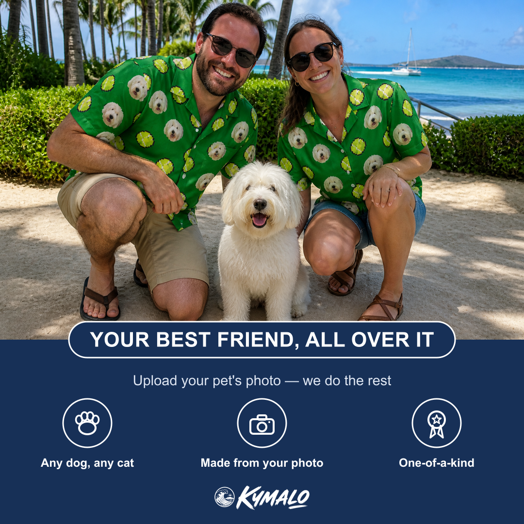 Friends in matching Men's Tennis Tails Custom Dog Face Hawaiian Shirt — a group gift photo