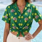 Woman wearing Women's Tennis Tails Custom Dog Face Hawaiian Shirt tied at the waist
