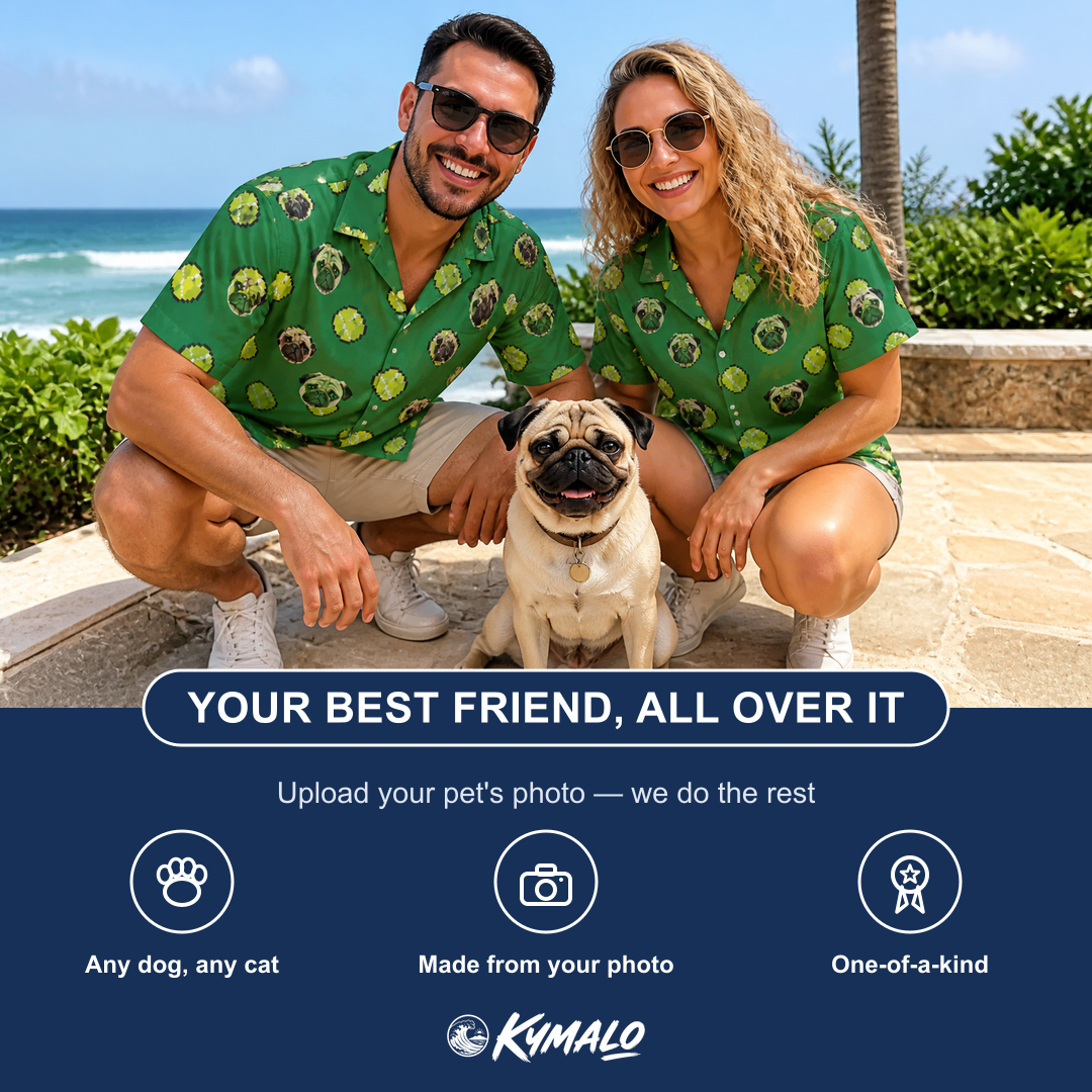 Friends in matching Women's Tennis Tails Custom Dog Face Hawaiian Shirt — a group gift photo