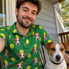 Selfie with the pet whose face is printed all over this Men's Tennis Tails Custom Dog Face Polo Shirt