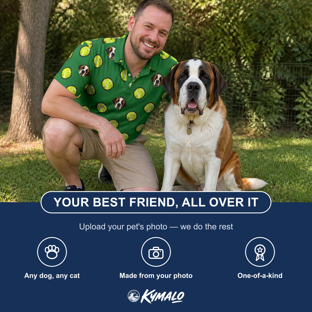 Friends in matching Men's Tennis Tails Custom Dog Face Polo Shirt — a group gift photo