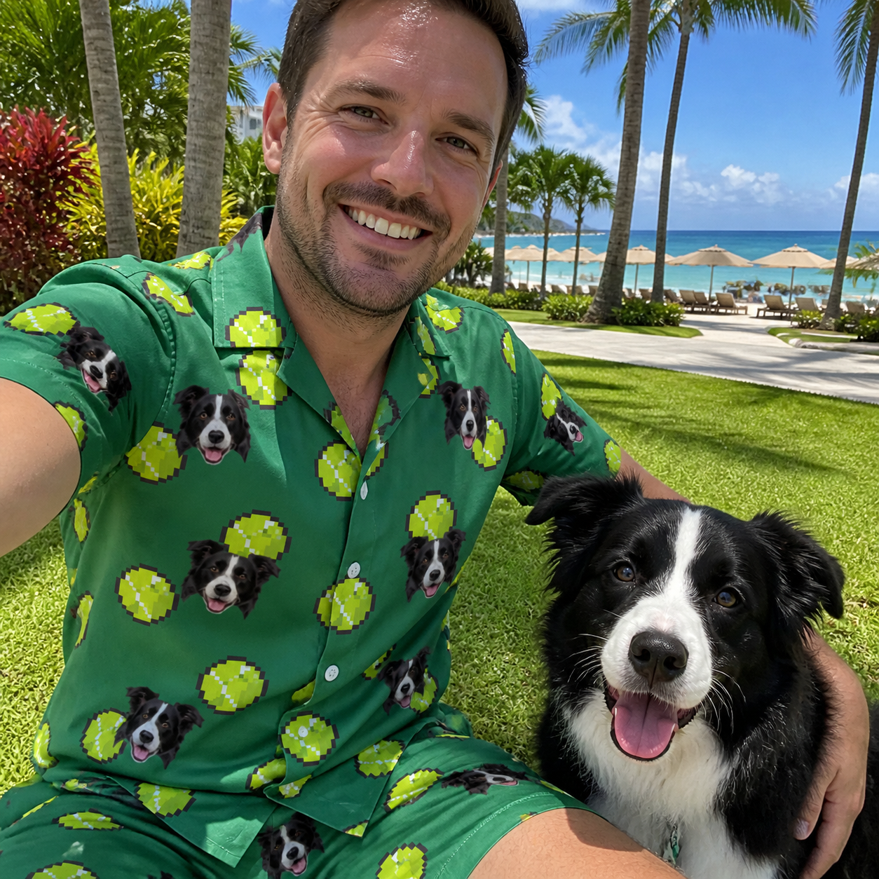 Selfie with the pet whose face is printed all over this Men's Tennis Tails Custom Dog Face Shirt & Shorts Set