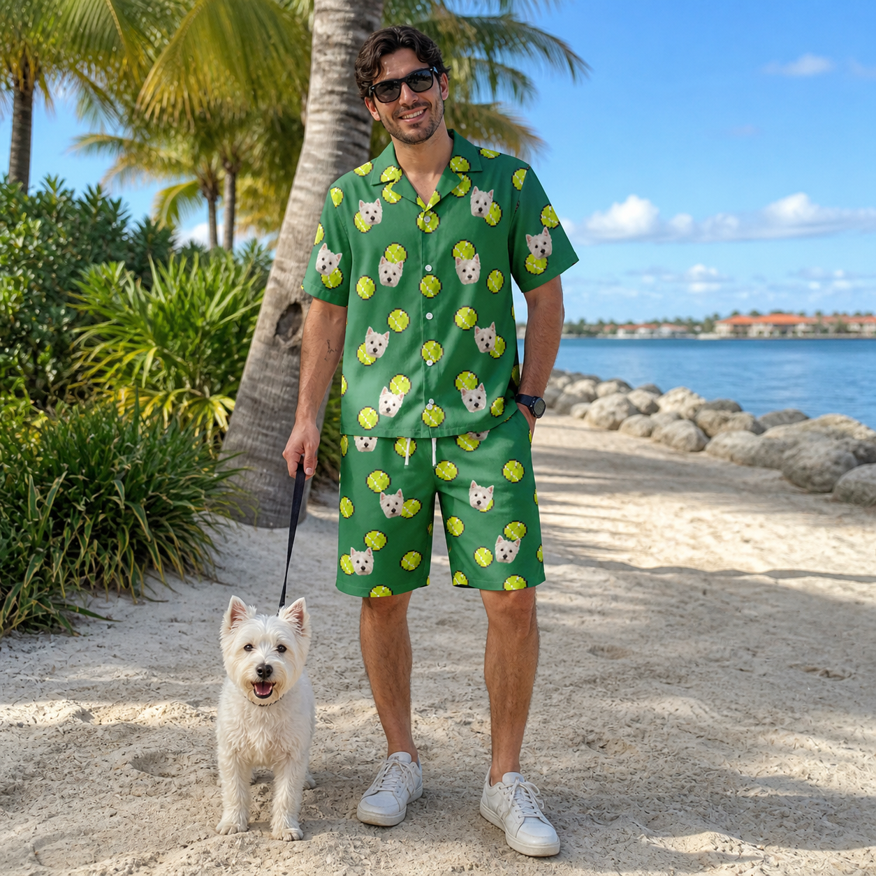 Full-length photo with the pet printed all over this Men's Tennis Tails Custom Dog Face Shirt & Shorts Set