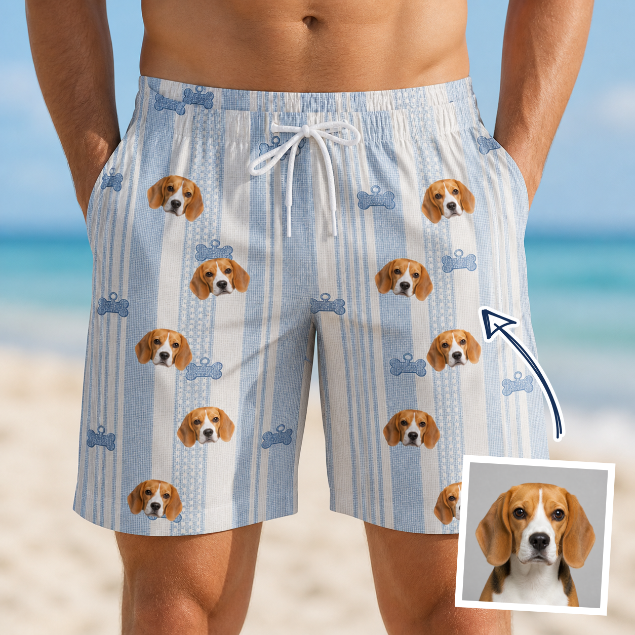 Man wearing Men's Pup Pendants Custom Dog Face Beach Shorts — custom faces printed all-over