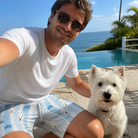 Selfie with the pet whose face is printed all over this Men's Pup Pendants Custom Dog Face Beach Shorts