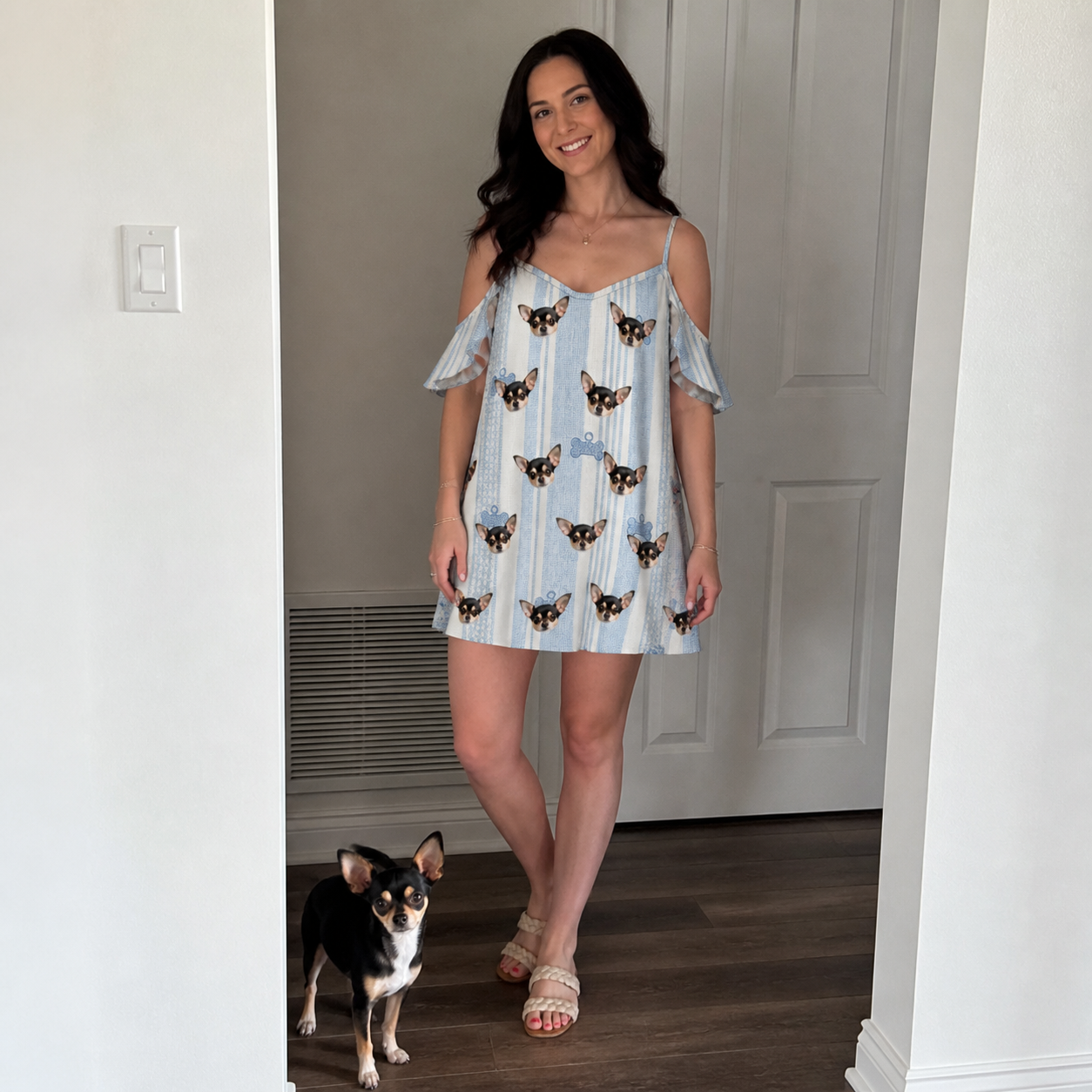 Full-length photo with the pet printed all over this Women's Pup Pendants Custom Dog Face Off-Shoulder Dress
