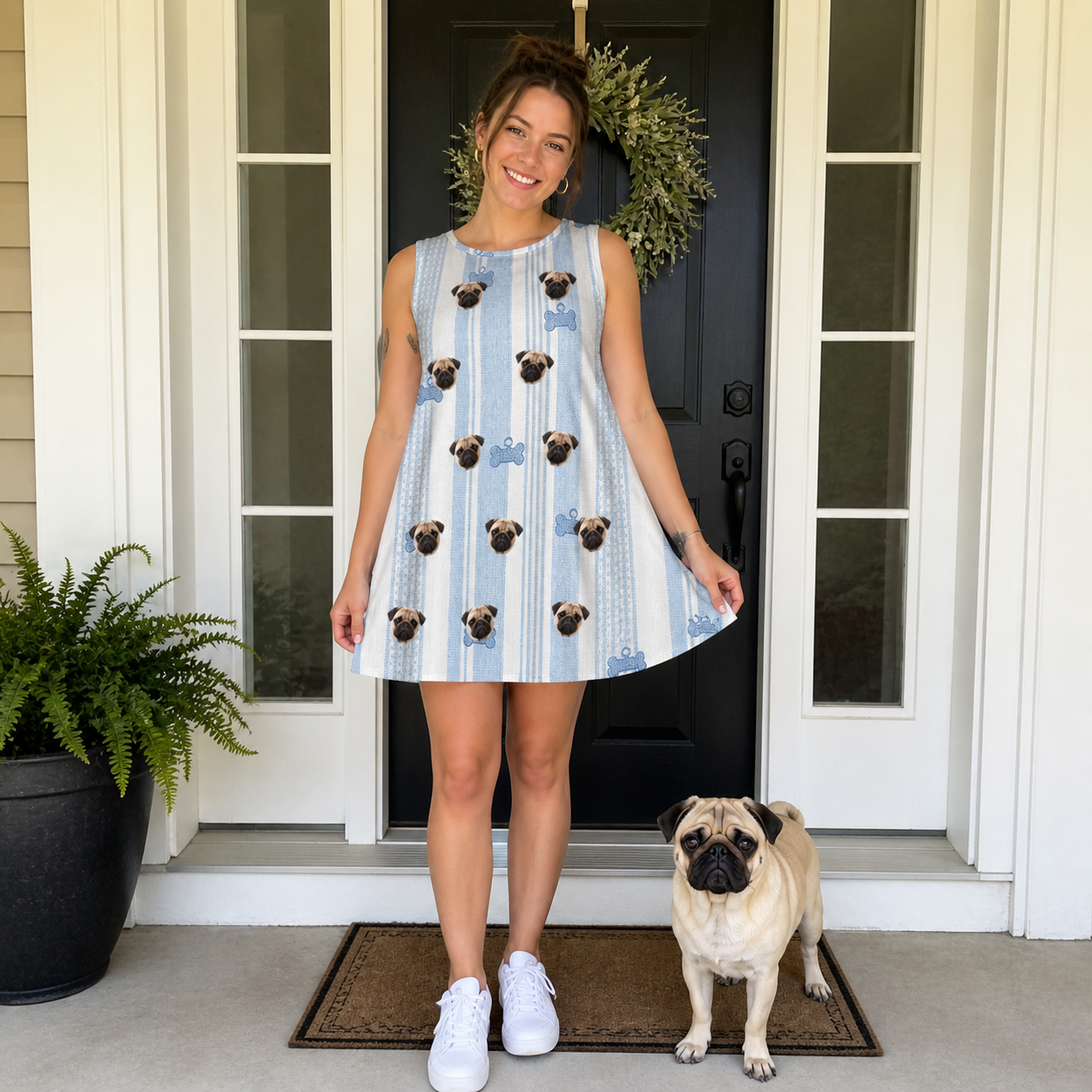 Full-length photo with the pet printed all over this Women's Pup Pendants Custom Dog Face Tank Dress