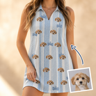 Woman wearing Women's Pup Pendants Custom Dog Face V-Neck Dress — custom faces printed all-over