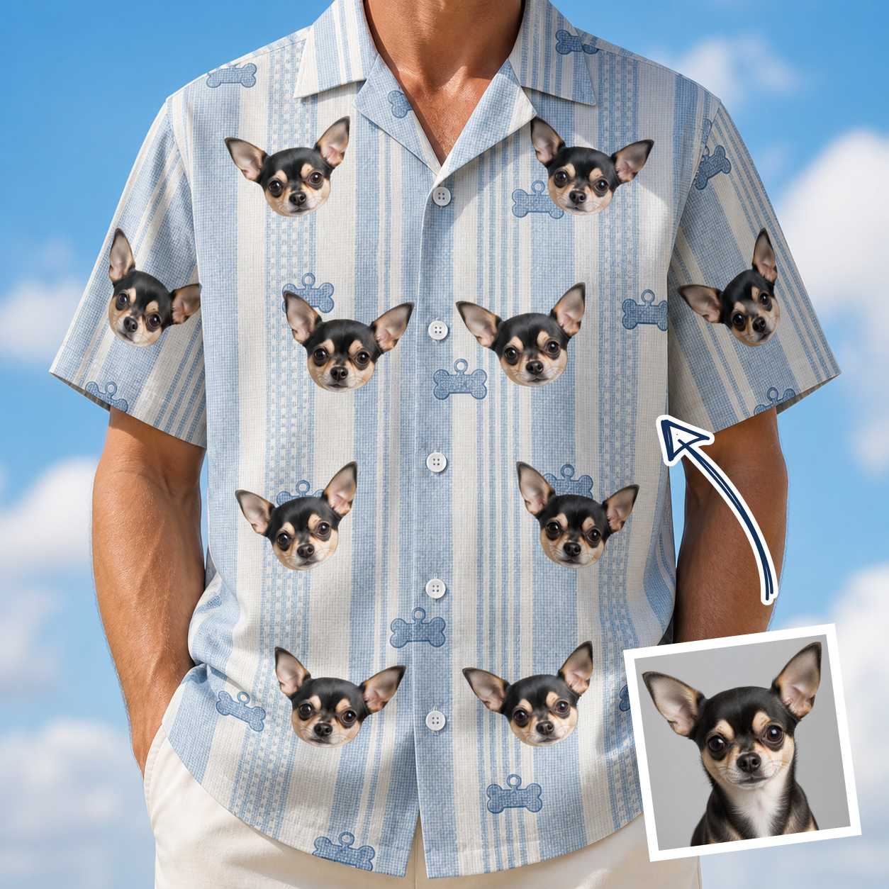 Man wearing Men's Pup Pendants Custom Dog Face Hawaiian Shirt — custom faces printed all-over