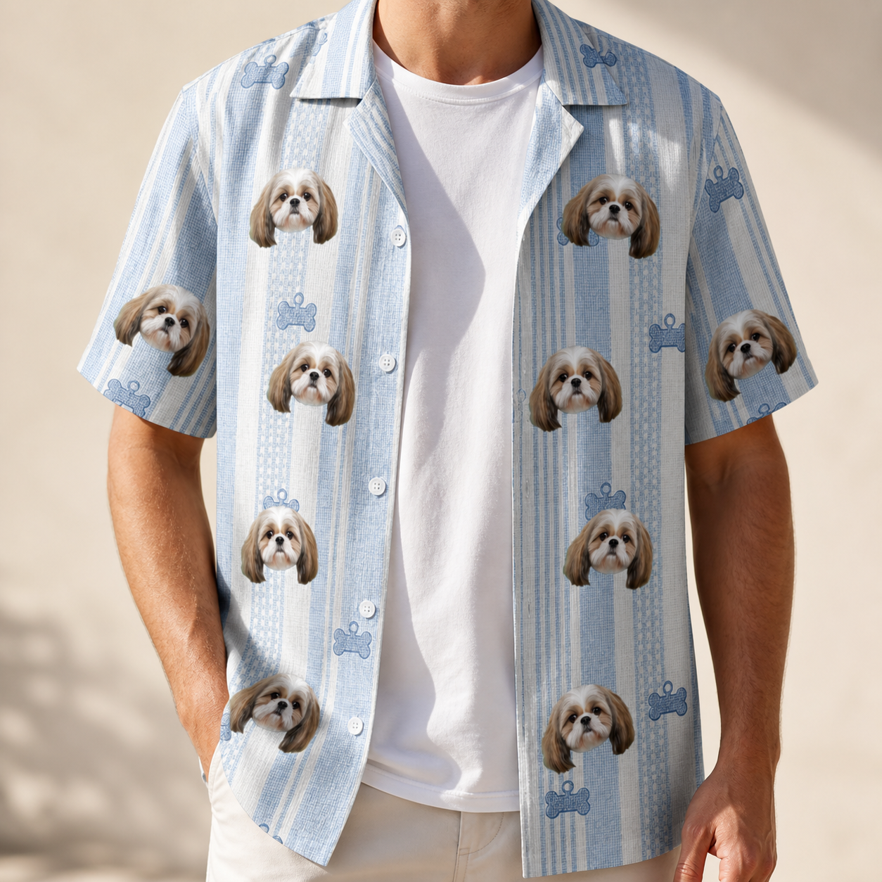 Man wearing Men's Pup Pendants Custom Dog Face Hawaiian Shirt open over a white tee