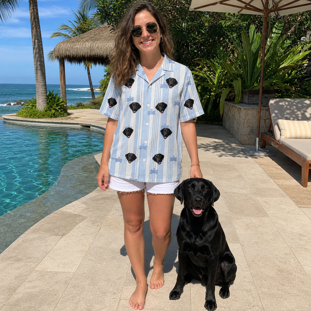 Full-length photo with the pet printed all over this Women's Pup Pendants Custom Dog Face Hawaiian Shirt