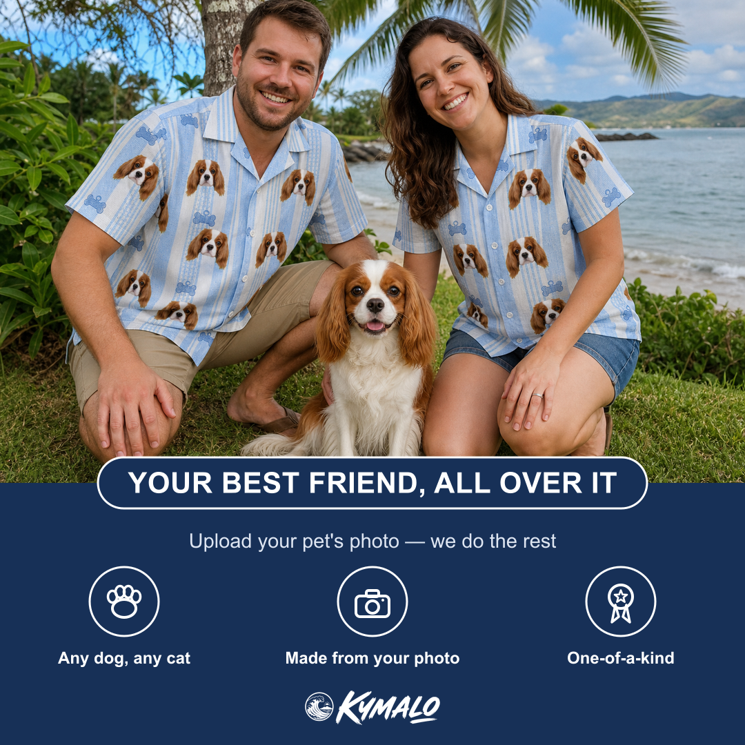 Friends in matching Women's Pup Pendants Custom Dog Face Hawaiian Shirt — a group gift photo
